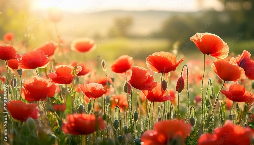 Fototapeta premium Field Of Vibrant Red Poppies Swaying In The Gentle Breeze Soft Sunlight Illuminating Each Petal Blurred Green Background For A Warm And Peaceful Summer Feel