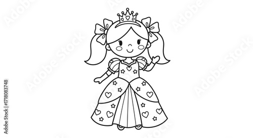 Adorable Cartoon Princess Girl Wearing a Crown and Gown on an Isolated White Background