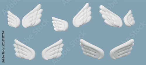 3D angel wing. Cupid feather elements. White bird fly sale. Realistic angelic limbs. Celestial saint. Innocence aureole feathering. Swan parts view sides. Vector cartoon render objects set
