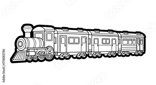 Classic Passenger Train with Locomotive and Carriages on an Isolated White Background, Transportation Vehicle
