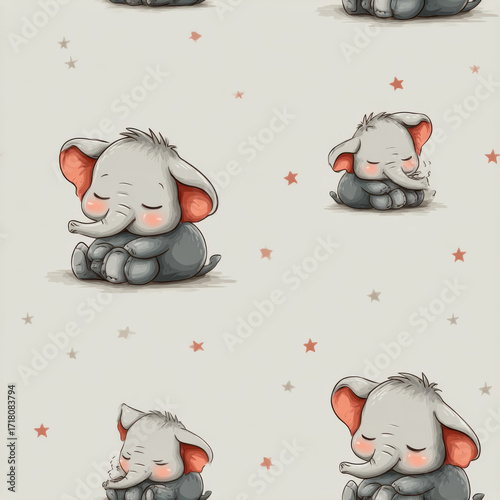 Seamless Pattern: Sleepy Cartoon Elephants Amidst Pink Stars