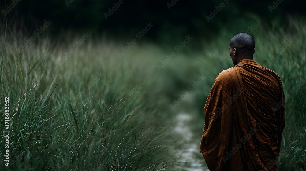 Fototapeta premium A solitary monk in an orange robe walks a narrow path through a field of tall green grass