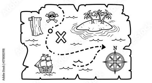 Old Pirate Treasure Map with Island, Ship, Compass Rose, and X Mark on an Isolated White Background, Adventure Concept
