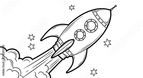 Cartoon Rocket Blasting Off into Space with Stars and Smoke Trails on an Isolated White Background, Space Exploration