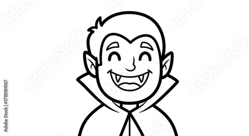 Playful Cartoon Vampire Face Smiling with Fangs, Halloween Character, Isolated White Background
