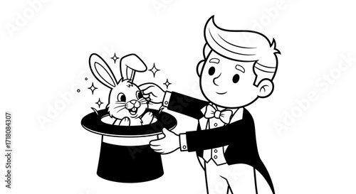 Smiling Cartoon Magician Pulling a Rabbit Out of a Hat, Magical Performance, Isolated White Background