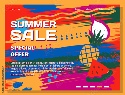 Summer sale banner. Tropical fruits. Seasonal discount landing page. Shop marketing. Special offer promotion. Paint splashes and strokes. Summertime pineapple. Vector website background