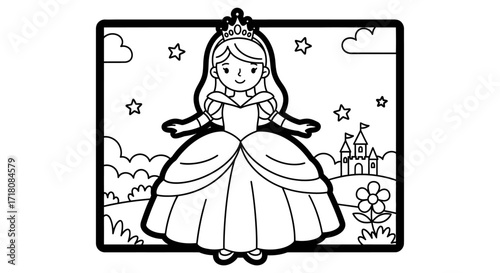 Elegant Fairytale Princess Posing in a Magical Frame with Castle and Stars