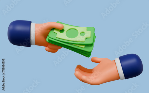 Hands holding money. 3D loan payment. Give banknotes. Pay cash. Taking bill for exchange. People render arms. Bribe or buy currency. Financial transfer. Businessman deal. Vector concept