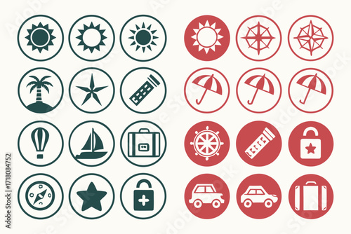 Circular Icons for Travel and Activities sunburst compass