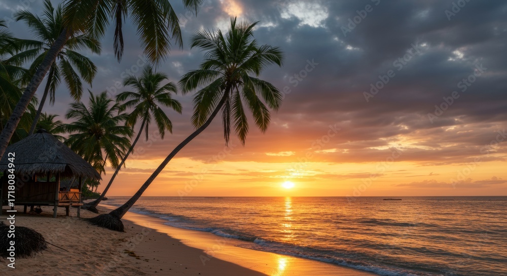 Fototapeta premium Tropical Sunset on a Serene Palm Beach with Golden Glow and Rustic Huts