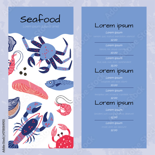 Seafood menu. Restaurant and cafe template. Fish, crab and shrimp. Fresh salmon and lobster. Delicious healthy food. Cooking ingredients. Oceanic products. Vector cartoon flat illustration