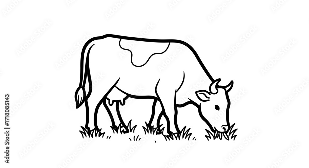 Fototapeta premium Peaceful Cow Grazing on Green Grass on an Isolated White Background