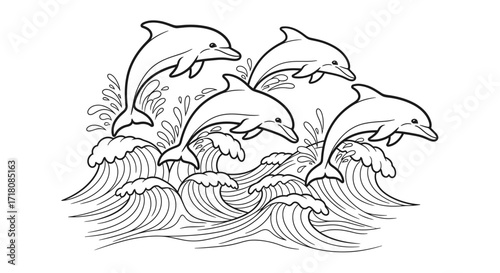 Playful Dolphins Jumping Out of Ocean Waves in the Sea