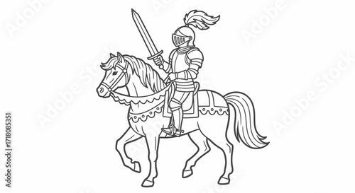 Brave Knight in Armor Riding a Horse with a Sword on an Isolated White Background
