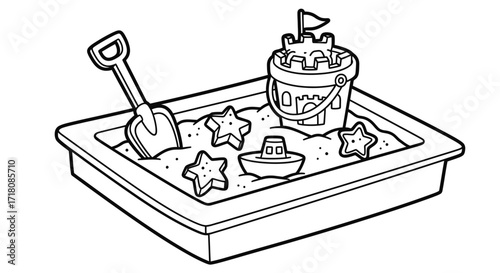 Kids Sandbox with Bucket, Shovel, and Creative Sand Toys for Summer Play on Isolated White Background
