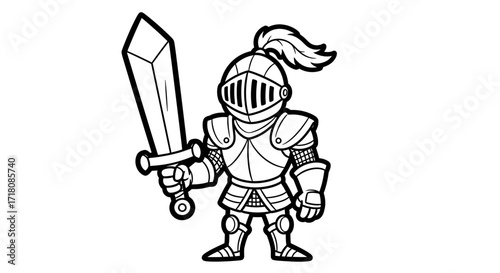 Brave Medieval Knight in Full Armor Holding a Sword Ready for Battle on Isolated White Background
