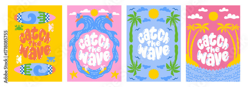 Sun background. Summer beach vacation. Retro surf graphic with tropical palm tree icons. Sea wave. Ocean surfing print. Seashore travel. Doodle surfboard. Vector journey posters set