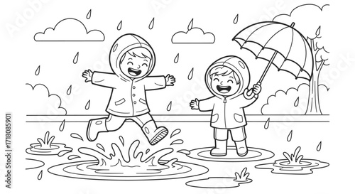 Two Happy Kids Playing and Jumping in Rain Puddles with an Umbrella Outdoors on Isolated White Background