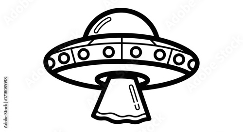 Mysterious UFO Alien Spaceship Hovering with Light Beam on Isolated White Background
