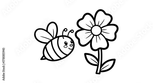 Cute Bee Flying Happily Near a Blooming Flower on Isolated White Background