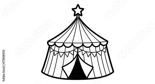 Classic Striped Circus Tent with Star on Top, Isolated White Background, Entertainment Theme