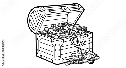 Open Wooden Treasure Chest Filled with Gold Coins and Jewelry, Isolated White Background