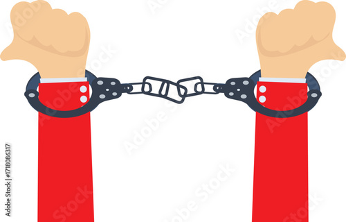 Hands in handcuffs, arresting criminals, law and justice, punishment and sanction, isometric hands locked inside handcuffs

