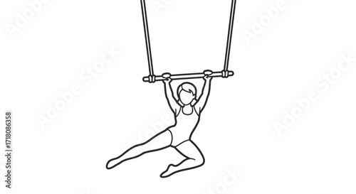Young female gymnast gracefully swinging on a trapeze bar, isolated white background.