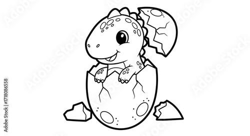 Cute baby dinosaur hatching from a broken eggshell, isolated white background.