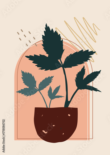 Virginia creeper plant in clay pot with pastel earthy tones, minimal botanical artwork background for design. Perfect for wallpaper, poster, printable, decor, branding, cover, or invitation.