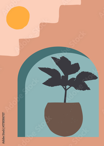 Norwegian cinquefoil plant in clay pot with pastel earthy tones and sun detail, minimal botanical artwork background for design. Perfect for wallpaper, poster, printable, decor, branding, or cover.