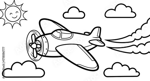 Classic Airplane Flying High in the Sunny Sky with Clouds, Air Travel for Kids Coloring Page.