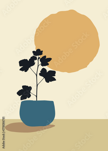 Acer sycamore maple plant in blue pot with abstract pastel shapes. Modern floral botanical artwork, natural and aesthetic, perfect background for poster, card, wall art, or decorative design.