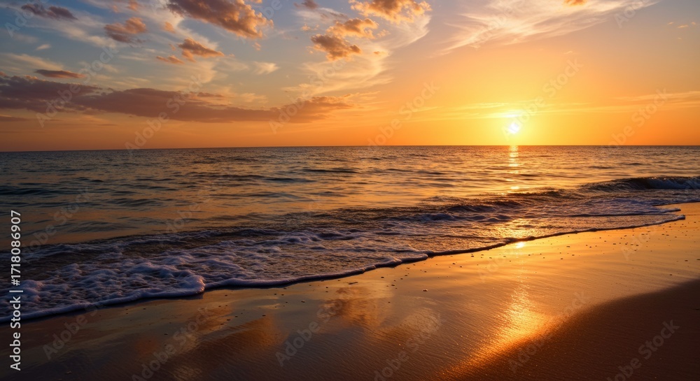 Fototapeta premium Sunset over Reflective Wet Sand with Foamy Waves and Vibrant Sky Hues