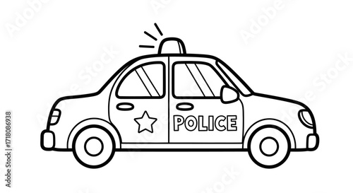Classic Police Car Vehicle with Siren and Lights for Kids Coloring Page, isolated white background.