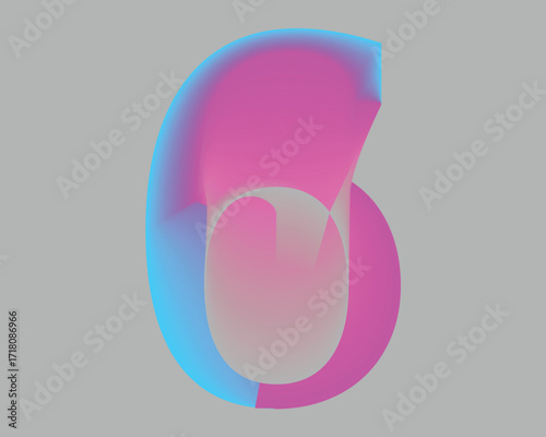 Abstract gradient number 6 shape with pink and blue hues on gray background numeral digit