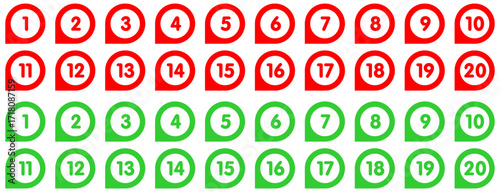 Vector illustration bullet point set. Pins with number 1 to 20.