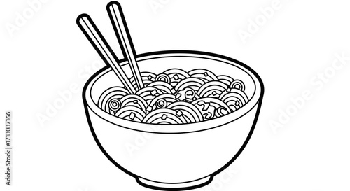 Delicious Bowl of Noodles with Chopsticks, Asian Cuisine Dish, Isolated White Background, Appetizing Food Illustration