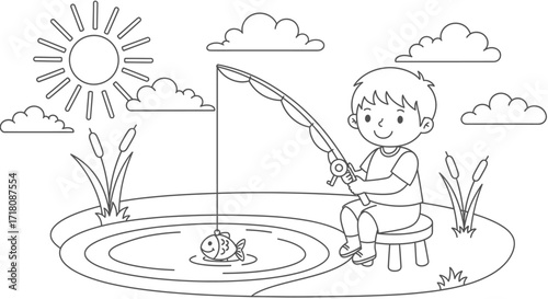 Happy Young Boy Fishing in a Pond on a Sunny Day, Relaxed Child Enjoying Outdoor Activity.