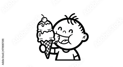 Happy Baby Joyfully Eating an Ice Cream Cone on an Isolated White Background, Cute Toddler Enjoying Dessert.