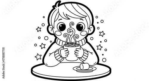 Cute Child Happily Drinking Hot Cocoa at a Table, Cozy Kid Enjoying a Warm Drink on an Isolated White Background.
