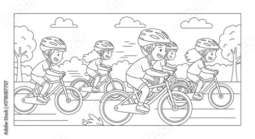 Happy Group of Children Riding Bicycles Outdoors on a Sunny Day, Cheerful Kids Cycling Together in a Park.