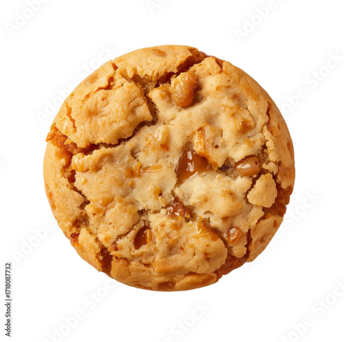 Caramel cookie isolated on a transparent PNG background. Bakery delicious snack. Top view. Sweet food, pastry. An element for banners, presentations, businesses, projects, products, etc.