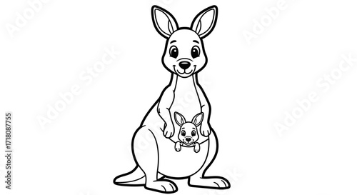 Cute Mother Kangaroo with Her Baby Joey in Pouch, Isolated White Background, Coloring Page