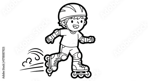 Happy Boy Rollerblading with Protective Gear, Showing Motion, Isolated White Background, Coloring Page