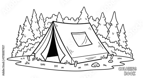 Camping Tent Pitched in a Dense Pine Forest, Outdoors Wilderness.