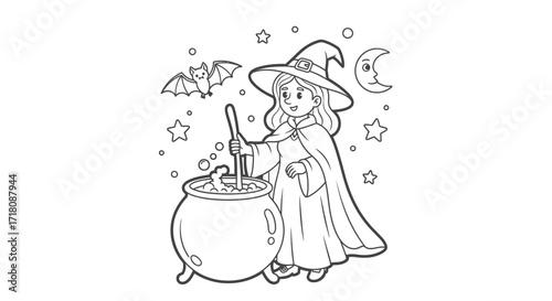 Friendly Witch Stirring a Cauldron with Bats and Stars, Magical Scene, Coloring Page