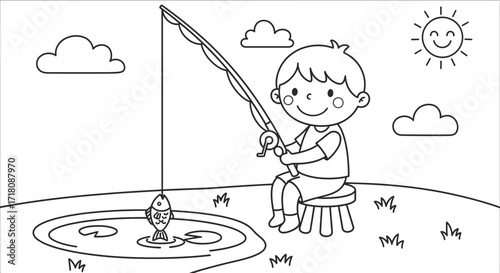 Happy Little Boy Fishing by a Pond on a Sunny Day, Outdoors.