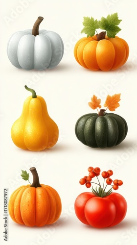 Colorful collection of pumpkins and gourds displayed against a light background during autumn harvest season